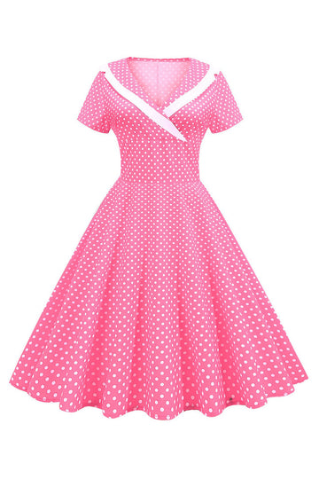 Pink Polka Dots V-Neck Short Sleeves 1950s Dress